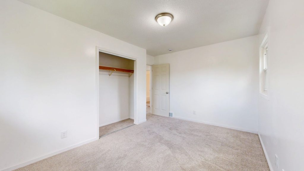 Bright empty room with newly fitted plush carpet and an open closet