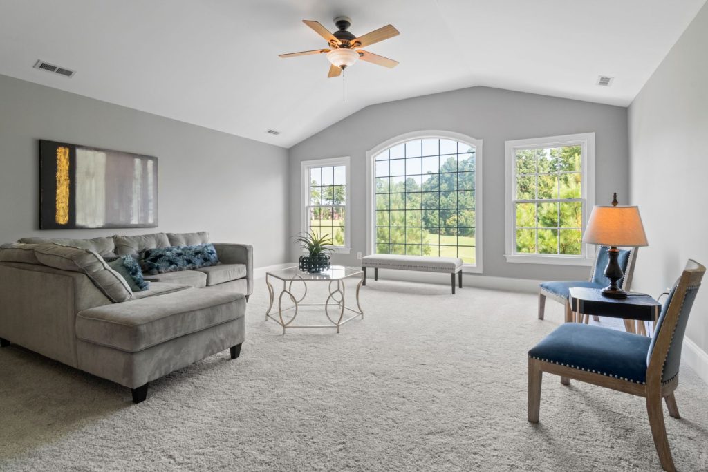 Calm contemporary living room with neutral tones and a soft rug